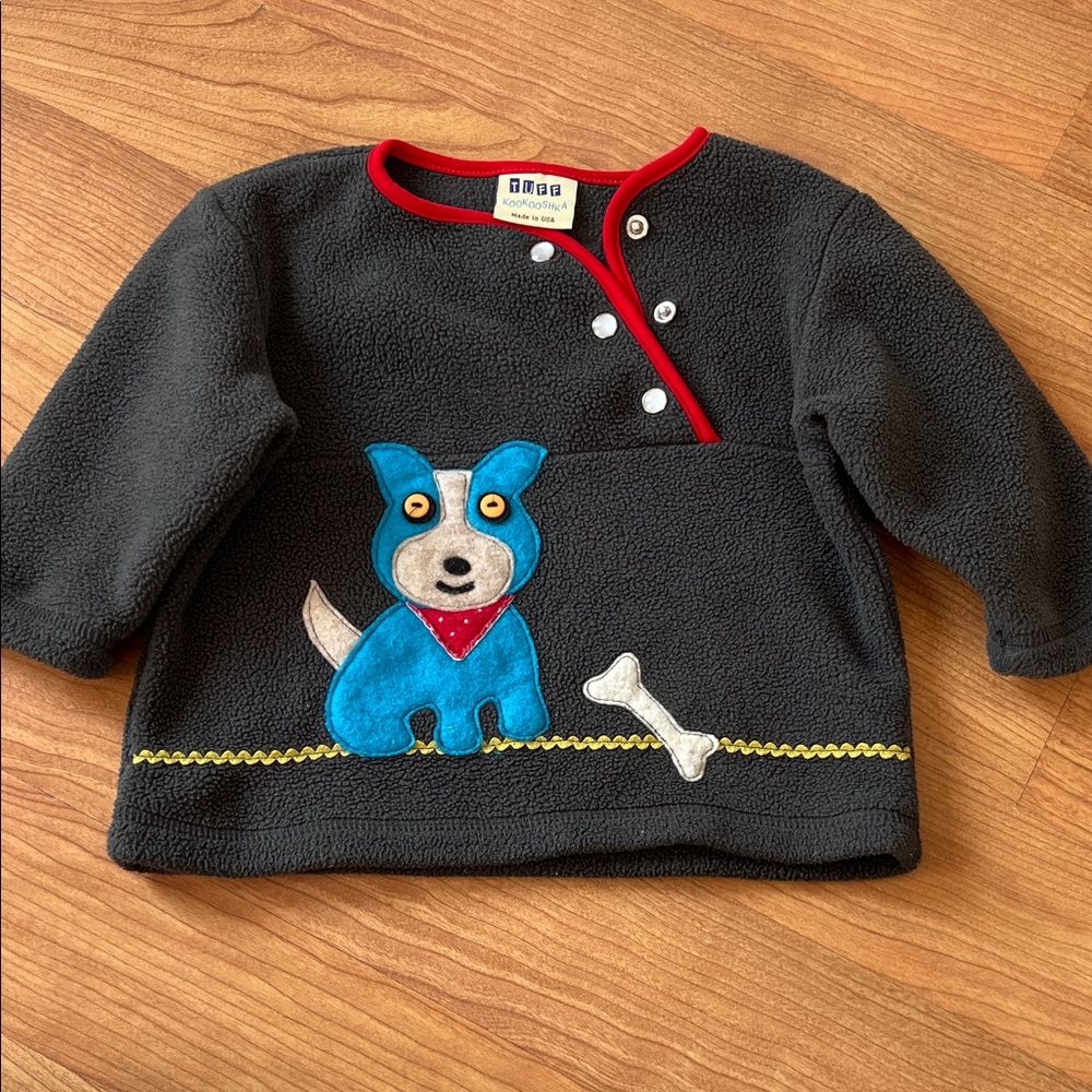 Kookooshka dark gray Fleece Pullover with Blue Dog Applique made in USA